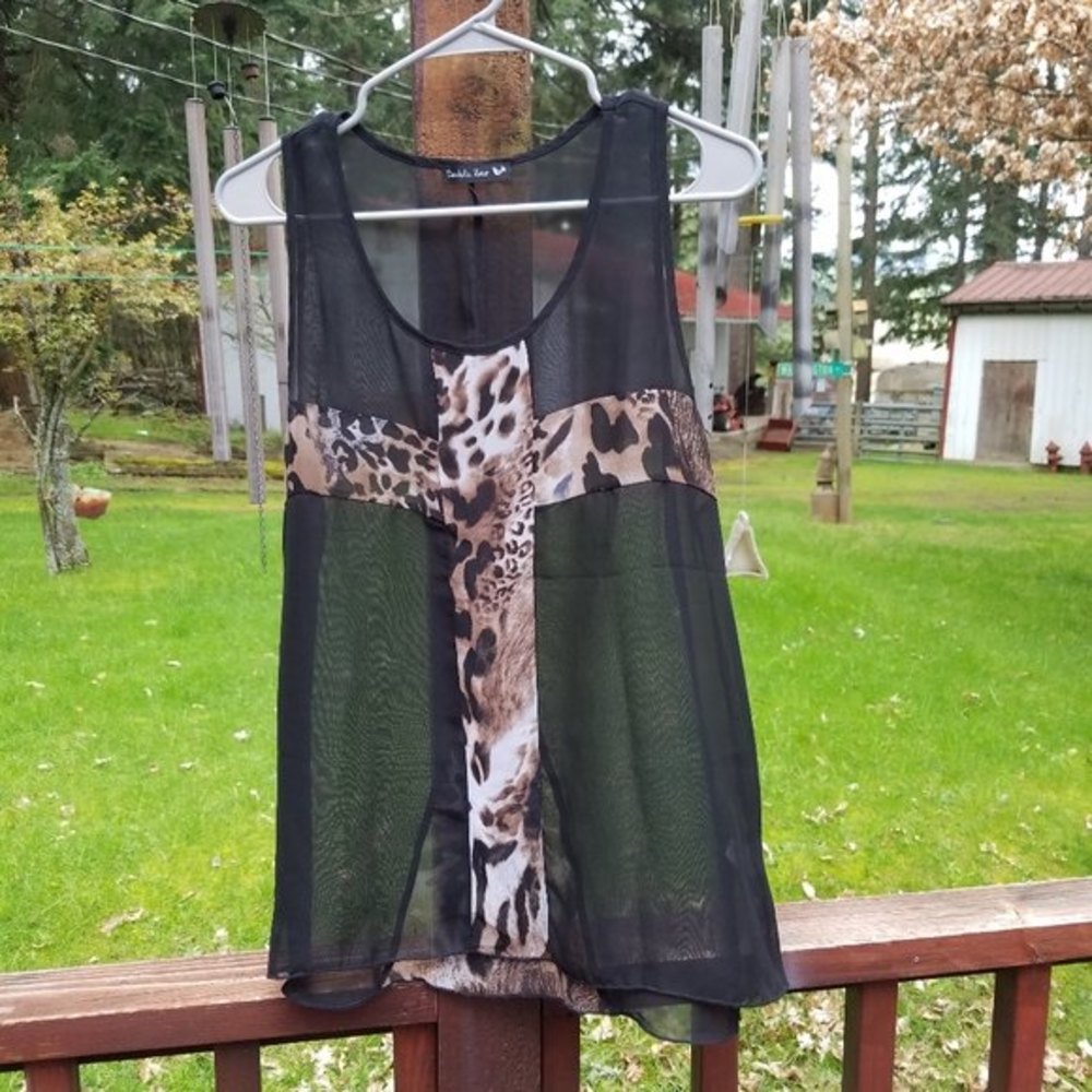 Double Zero - Sheer Leopard Cross Sleeveless Top - Small